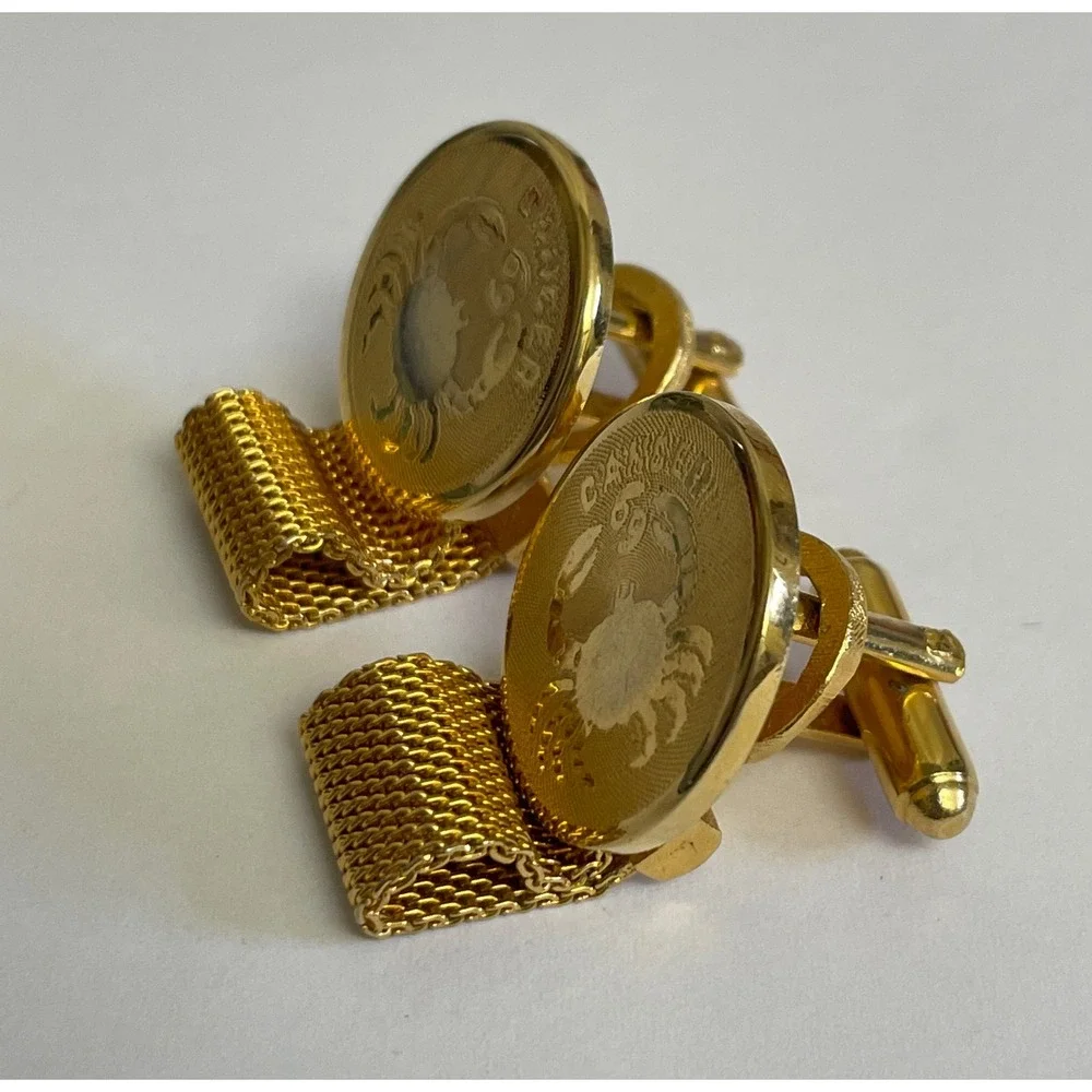 Dante Cancer Zodiac Wrap Mesh Cufflinks Mens Gold Vintage